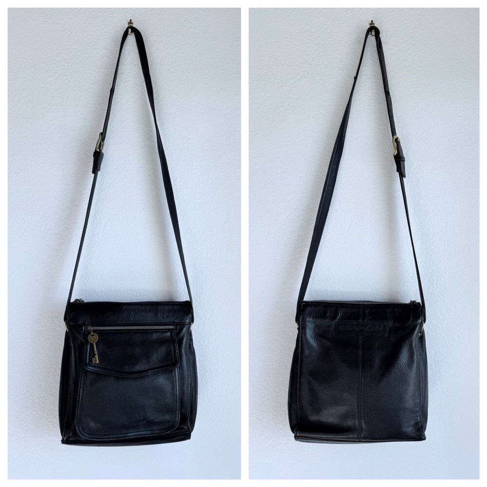Vintage Fossil Black Pebble Leather Adjustable Strap Crossbody Purse Style 75082